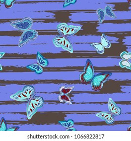 Abstract seamless pattern with flying butterflies on a background of colored stripes. The quadrangular texture of the summer. Vector illustration. Suitable for fabric, wallpaper, packaging.