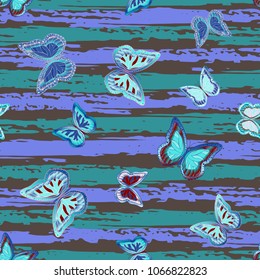 Abstract seamless pattern with flying butterflies on a background of colored stripes. The quadrangular texture of the summer. Vector illustration. Suitable for fabric, wallpaper, packaging.