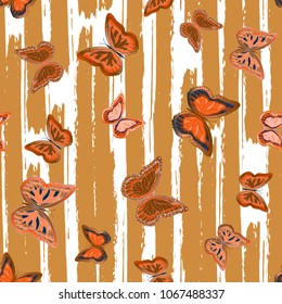Abstract seamless pattern with flying butterflies on a background of colored stripes. The quadrangular texture of the summer. Vector illustration. Suitable for fabric, wallpaper, packaging.
