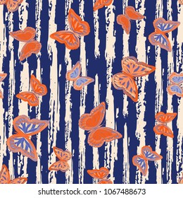 Abstract seamless pattern with flying butterflies on a background of colored stripes. The quadrangular texture of the summer. Vector illustration. Suitable for fabric, wallpaper, packaging.