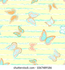 Abstract seamless pattern with flying butterflies on a background of colored stripes. The quadrangular texture of the summer. Vector illustration. Suitable for fabric, wallpaper, packaging.