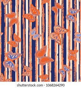 Abstract seamless pattern with flying butterflies on a background of colored stripes. The quadrangular texture of the summer. Vector illustration. Suitable for fabric, wallpaper, packaging.