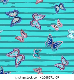 Abstract seamless pattern with flying butterflies on a background of colored stripes. The quadrangular texture of the summer. Vector illustration. Suitable for fabric, wallpaper, packaging.