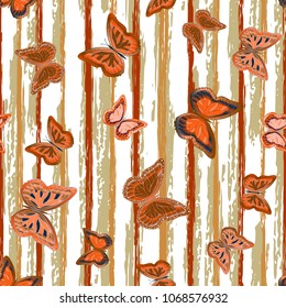 Abstract seamless pattern with flying butterflies on a background of colored stripes. The quadrangular texture of the summer. Vector illustration. Suitable for fabric, wallpaper, packaging.