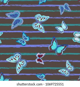 Abstract seamless pattern with flying butterflies on a background of colored stripes. The quadrangular texture of the summer. Vector illustration. Suitable for fabric, wallpaper, packaging.
