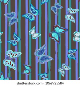 Abstract seamless pattern with flying butterflies on a background of colored stripes. The quadrangular texture of the summer. Vector illustration. Suitable for fabric, wallpaper, packaging.