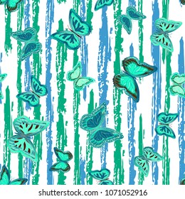 Abstract seamless pattern with flying butterflies on a background of colored stripes. The quadrangular texture of the summer. Vector illustration. Suitable for fabric, wallpaper, packaging.
