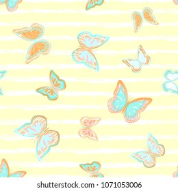 Abstract seamless pattern with flying butterflies on a background of colored stripes. The quadrangular texture of the summer. Vector illustration. Suitable for fabric, wallpaper, packaging.