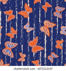 Abstract seamless pattern with flying butterflies on a background of colored stripes. The quadrangular texture of the summer. Vector illustration. Suitable for fabric, wallpaper, packaging.