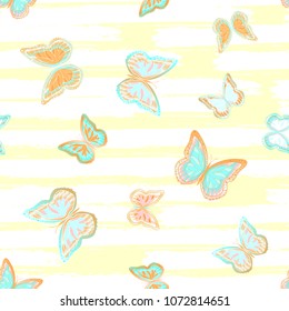 Abstract seamless pattern with flying butterflies on a background of colored stripes. The quadrangular texture of the summer. Vector illustration. Suitable for fabric, wallpaper, packaging.