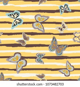 Abstract seamless pattern with flying butterflies on a background of colored stripes. The quadrangular texture of the summer. Vector illustration. Suitable for fabric, wallpaper, packaging.