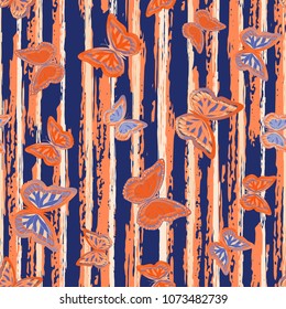 Abstract seamless pattern with flying butterflies on a background of colored stripes. The quadrangular texture of the summer. Vector illustration. Suitable for fabric, wallpaper, packaging.