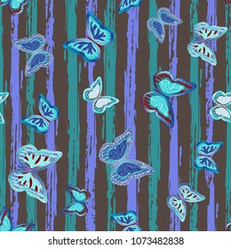 Abstract seamless pattern with flying butterflies on a background of colored stripes. The quadrangular texture of the summer. Vector illustration. Suitable for fabric, wallpaper, packaging.