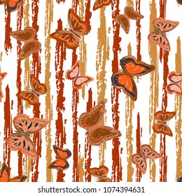 Abstract seamless pattern with flying butterflies on a background of colored stripes. The texture of the summer. Vector illustration. Suitable for fabric, wallpaper, packaging.