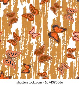 Abstract seamless pattern with flying butterflies on a background of colored stripes. The  texture of the summer. Vector illustration. Suitable for fabric, wallpaper, packaging.