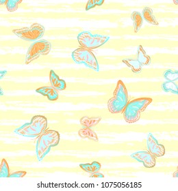 Abstract seamless pattern with flying butterflies on a background of colored stripes. The quadrangular texture of the summer. Vector illustration. Suitable for fabric, wallpaper, packaging.