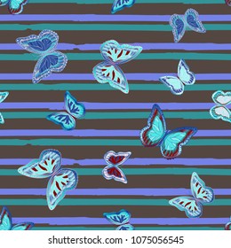 Abstract seamless pattern with flying butterflies on a background of colored stripes. The quadrangular texture of the summer. Vector illustration. Suitable for fabric, wallpaper, packaging.