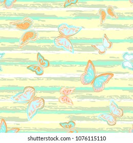 Abstract seamless pattern with flying butterflies on a background of colored stripes. The quadrangular texture of the summer. Vector illustration. Suitable for fabric, wallpaper, packaging.