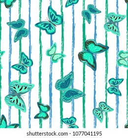 Abstract seamless pattern with flying butterflies on a background of colored stripes. The quadrangular texture of the summer. Vector illustration. Suitable for fabric, wallpaper, packaging.