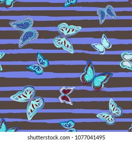 Abstract seamless pattern with flying butterflies on a background of colored stripes. The quadrangular texture of the summer. Vector illustration. Suitable for fabric, wallpaper, packaging.