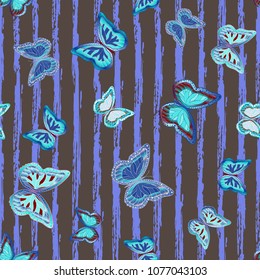 Abstract seamless pattern with flying butterflies on a background of colored stripes. The quadrangular texture of the summer. Vector illustration. Suitable for fabric, wallpaper, packaging.