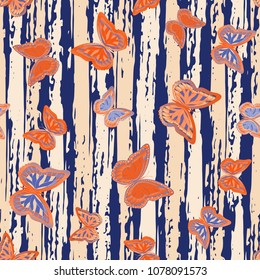 Abstract seamless pattern with flying butterflies on a background of colored stripes. The quadrangular texture of the summer. Vector illustration. Suitable for fabric, wallpaper, packaging.