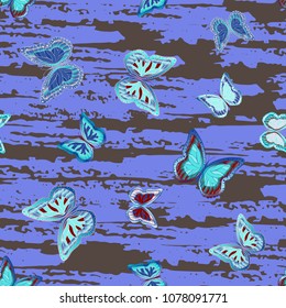 Abstract seamless pattern with flying butterflies on a background of colored stripes. The quadrangular texture of the summer. Vector illustration. Suitable for fabric, wallpaper, packaging.