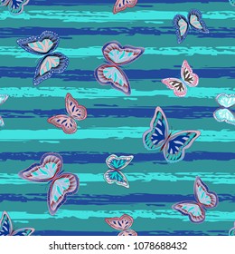 Abstract seamless pattern with flying butterflies on a background of colored stripes. The quadrangular texture of the summer. Vector illustration. Suitable for fabric, wallpaper, packaging.
