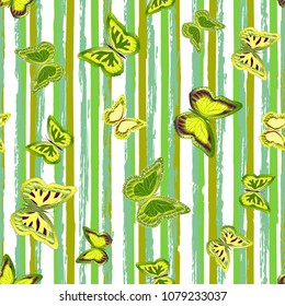 Abstract seamless pattern with flying butterflies on a background of colored stripes. The quadrangular texture of the summer. Vector illustration. Suitable for fabric, wallpaper, packaging.