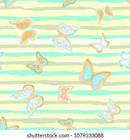 Abstract seamless pattern with flying butterflies on a background of colored stripes. The quadrangular texture of the summer. Vector illustration. Suitable for fabric, wallpaper, packaging.
