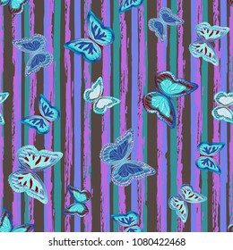 Abstract seamless pattern with flying butterflies on a background of colored stripes. The quadrangular texture of the summer. Vector illustration. Suitable for fabric, wallpaper, packaging.