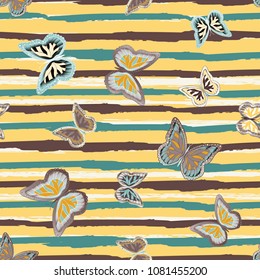 Abstract seamless pattern with flying butterflies on a background of colored stripes. The quadrangular texture of the summer. Vector illustration. Suitable for fabric, wallpaper, packaging.