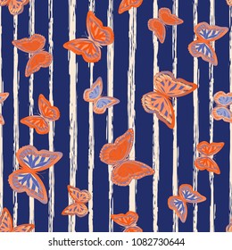 Abstract seamless pattern with flying butterflies on a background of colored stripes. The quadrangular texture of the summer. Vector illustration. Suitable for fabric, wallpaper, packaging.