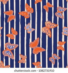 Abstract seamless pattern with flying butterflies on a background of colored stripes. The quadrangular texture of the summer. Vector illustration. Suitable for fabric, wallpaper, packaging.