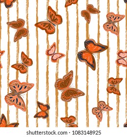Abstract seamless pattern with flying butterflies on a background of colored stripes. The quadrangular texture of the summer. Vector illustration. Suitable for fabric, wallpaper, packaging.