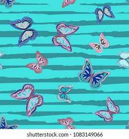 Abstract seamless pattern with flying butterflies on a background of colored stripes. The quadrangular texture of the summer. Vector illustration. Suitable for fabric, wallpaper, packaging.