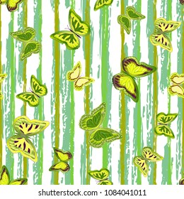 Abstract seamless pattern with flying butterflies on a background of colored stripes. The quadrangular texture of the summer. Vector illustration. Suitable for fabric, wallpaper, packaging.