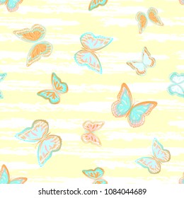 Abstract seamless pattern with flying butterflies on a background of colored stripes. The quadrangular texture of the summer. Vector illustration. Suitable for fabric, wallpaper, packaging.