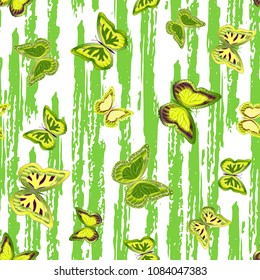 Abstract seamless pattern with flying butterflies on a background of colored stripes. The quadrangular texture of the summer. Vector illustration. Suitable for fabric, wallpaper, packaging.
