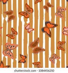 Abstract seamless pattern with flying butterflies on a background of colored stripes. The quadrangular texture of the summer. Vector illustration. Suitable for fabric, wallpaper, packaging.