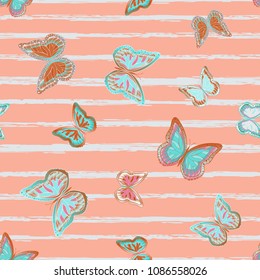 Abstract seamless pattern with flying butterflies on a background of colored stripes. The quadrangular texture of the summer. Vector illustration. Suitable for fabric, wallpaper, packaging.