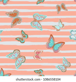 Abstract seamless pattern with flying butterflies on a background of colored stripes. The quadrangular texture of the summer. Vector illustration. Suitable for fabric, wallpaper, packaging.
