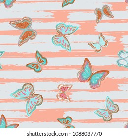 Abstract seamless pattern with flying butterflies on a background of colored stripes. The quadrangular texture of the summer. Vector illustration. Suitable for fabric, wallpaper, packaging.