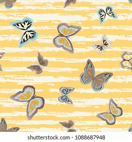 Abstract seamless pattern with flying butterflies on a background of colored stripes. The quadrangular texture of the summer. Vector illustration. Suitable for fabric, wallpaper, packaging.