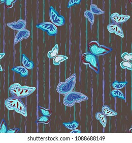 Abstract seamless pattern with flying butterflies on a background of colored stripes. The quadrangular texture of the summer. Vector illustration. Suitable for fabric, wallpaper, packaging.