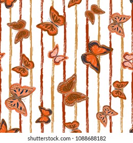 Abstract seamless pattern with flying butterflies on a background of colored stripes. The quadrangular texture of the summer. Vector illustration. Suitable for fabric, wallpaper, packaging.