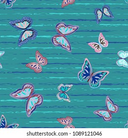 Abstract seamless pattern with flying butterflies on a background of colored stripes. The quadrangular texture of the summer. Vector illustration. Suitable for fabric, wallpaper, packaging.