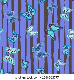 Abstract seamless pattern with flying butterflies on a background of colored stripes. The quadrangular texture of the summer. Vector illustration. Suitable for fabric, wallpaper, packaging.