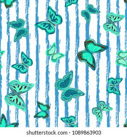 Abstract seamless pattern with flying butterflies on a background of colored stripes. The quadrangular texture of the summer. Vector illustration. Suitable for fabric, wallpaper, packaging.