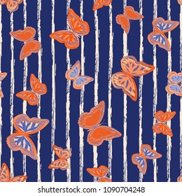 Abstract seamless pattern with flying butterflies on a background of colored stripes. The quadrangular texture of the summer. Vector illustration. Suitable for fabric, wallpaper, packaging.